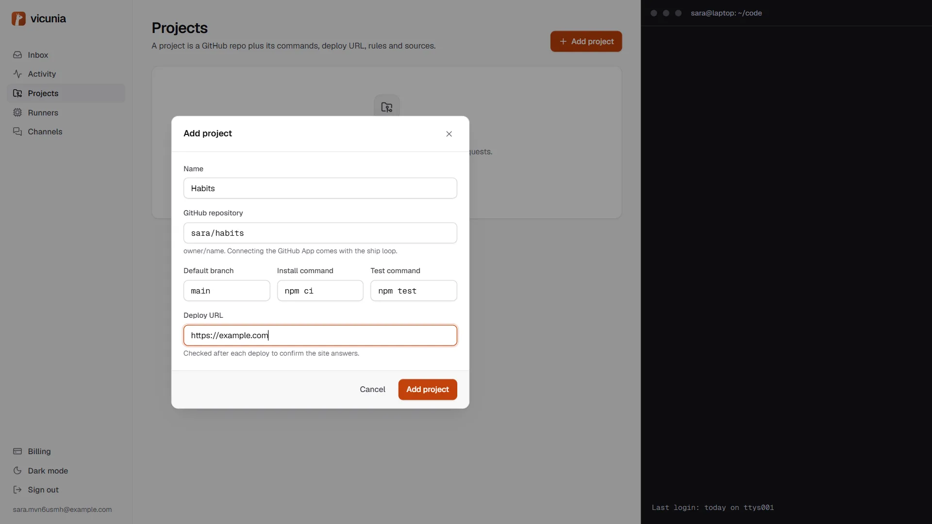 The Add project dialog with name Habits, repository sara/habits and a deploy URL.