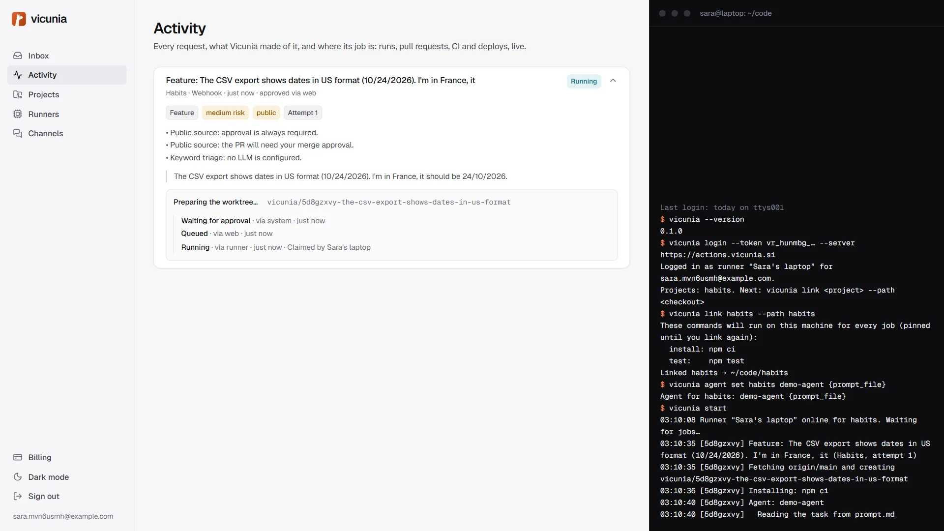The Activity page with a running job next to the runner's terminal output.