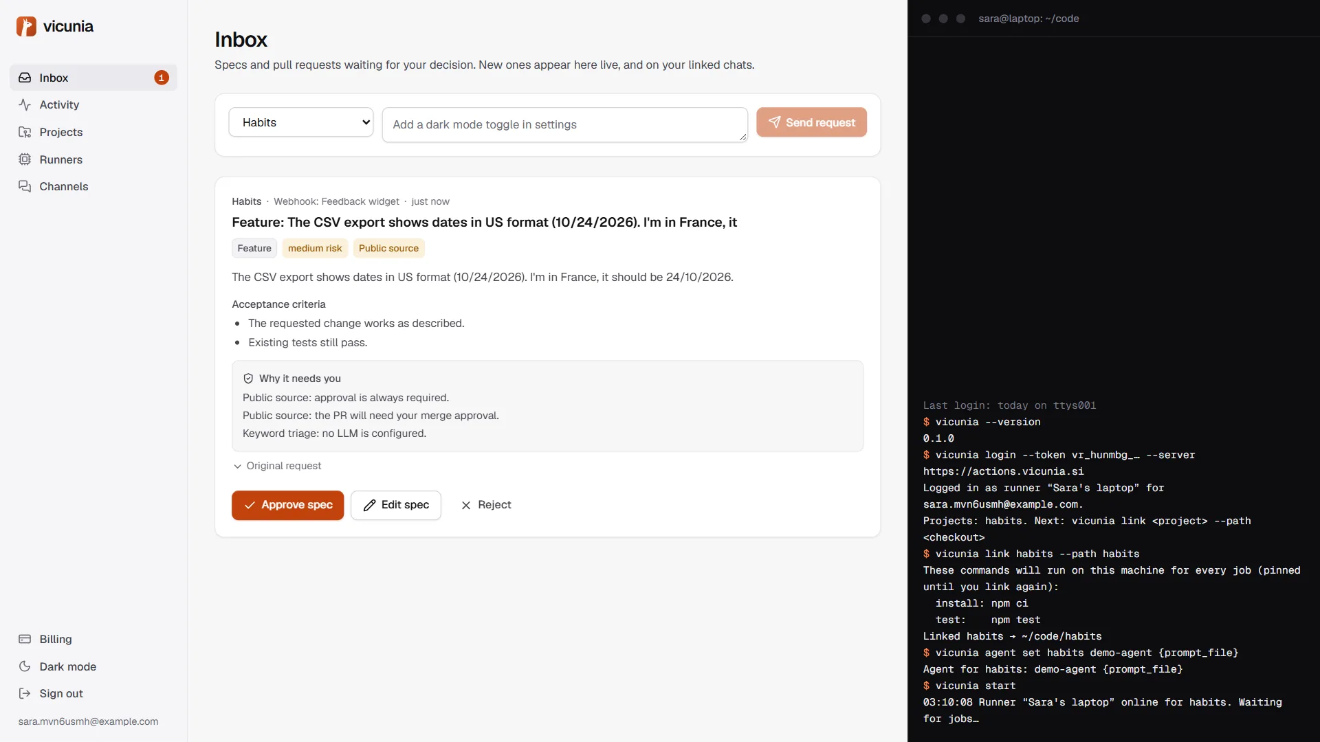 A spec card in the inbox with type, risk, source, acceptance criteria and the reasons it needs approval.