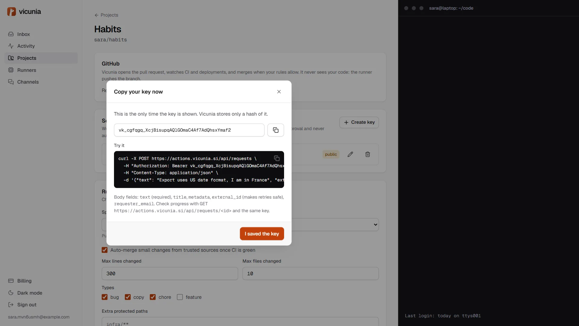 The Copy your key now dialog with the key and a curl example.